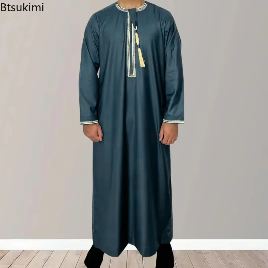 Muslimische Mode Abaya für Männer Langarm Kleid Robe Oansatz Stickerei Männer Jubba Thobe Pakistan Arabischen Islam Kleidung Gebet Kaftan Image