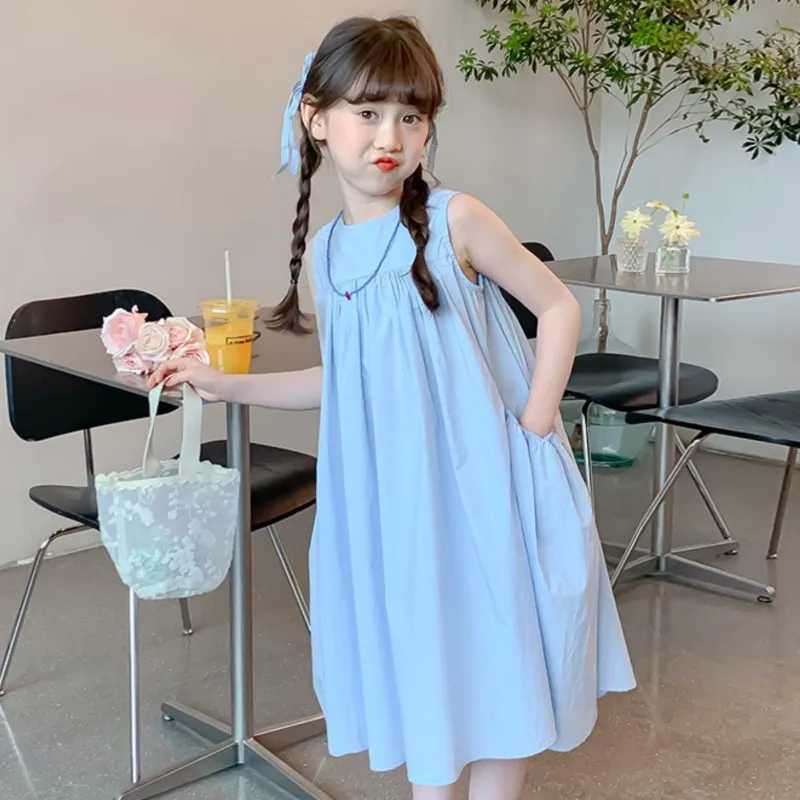 Sommerkleid für Mädchen, ärmellos, einfarbig, mit großen Seitentaschen, blau, gerafftes Kleid für 2-10 Jahre, lässiges Kleid mit rundem Kragen für Mädchen Image