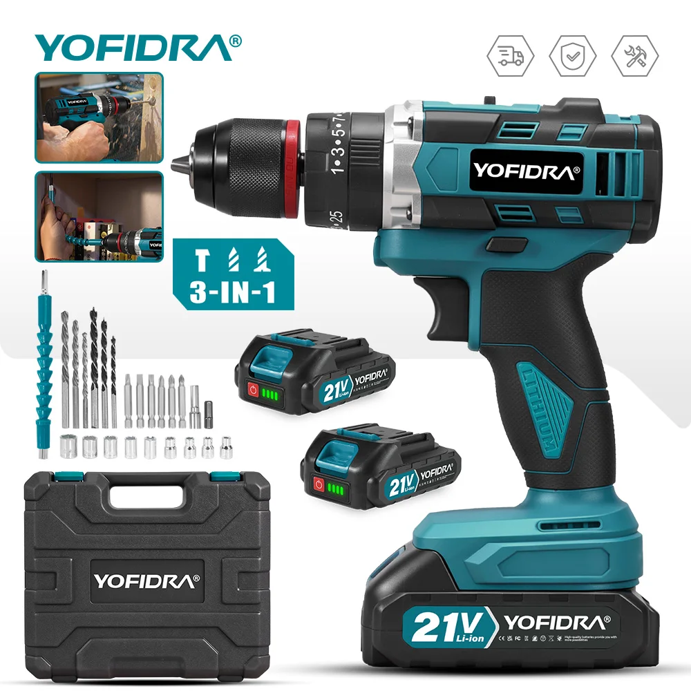 YOFIDRA Elektrischer Schlagbohrer 25+3 Drehmomentstufen, Handgeführter Akku-Schlagbohrer 3-in-1, Holzbearbeitungs-Elektrowerkzeug für Makita 21V Akku Image