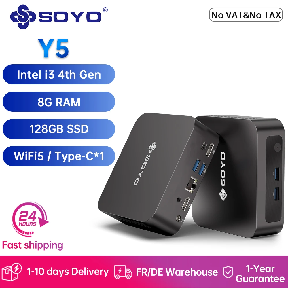 SOYO Y5 Mini-PC Intel Core i3 4. Generation 8 GB RAM 128 GB SSD Mini-Computer Windows 10 Pro 4K Dual-Display Desktop-Computer WiFi 5 Typ-C