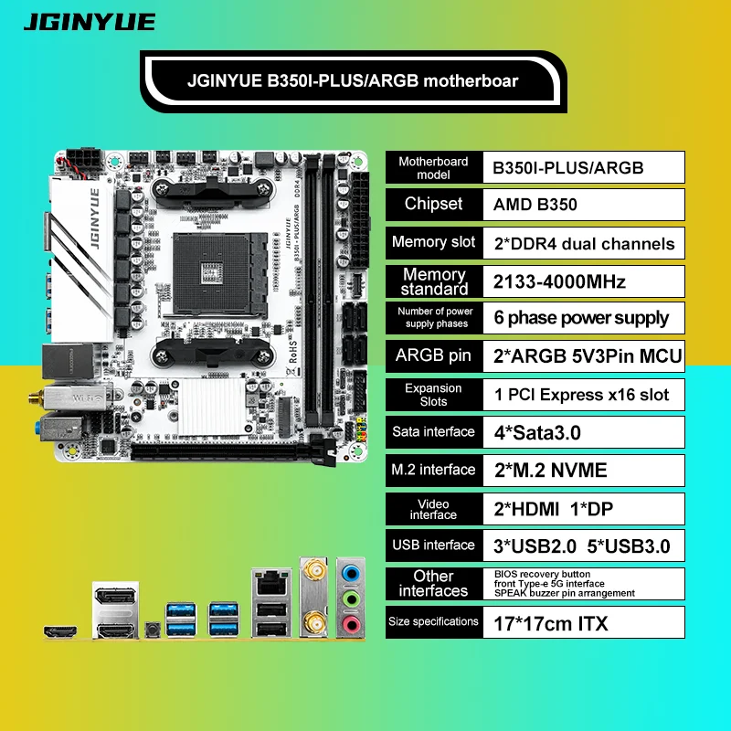 Das JGINYUE AMD AM4 ITX-Motherboard unterstützt Ryzen R3 R5 R7 R9 1/2/3/4/5-Serie CPU DDR4 RAM Desktop-PC PCI-E 3.0 B350i PLUS ARGB Image