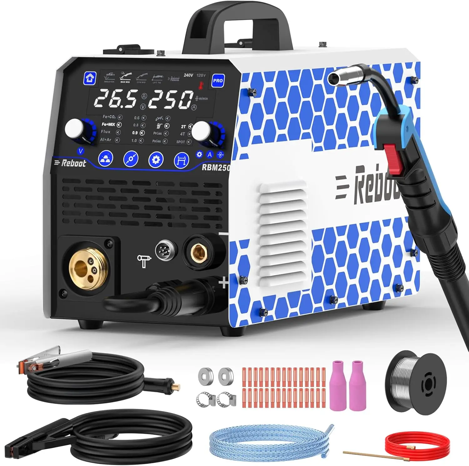Reboot MIG-Schweißgerät, 250 A, 6-in-1, Gas-/gasloser Flussmittelkern, MIG/Stick/Lift, WIG/Punktschweißen/Spulenpistole, 120 V/240 V, Aluminium, Mehrfachprozess Image