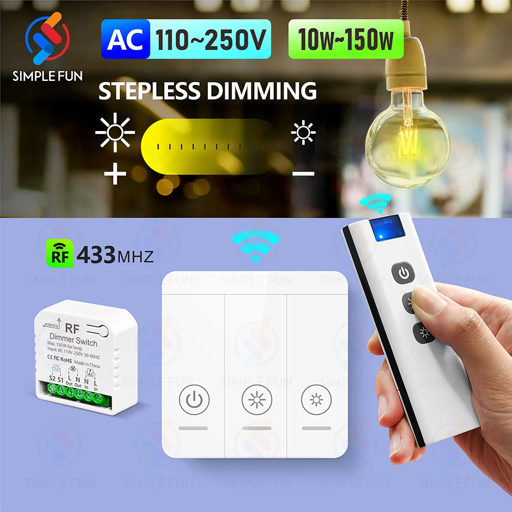 433 MHz kabelloser Dimmer-Lichtschalter, AC 110 V, 220 V, 230 V, dimmbarer Schalter, Fernbedienungsmodul für 10–150 W LED-Lampe, Halogen-Dimmung