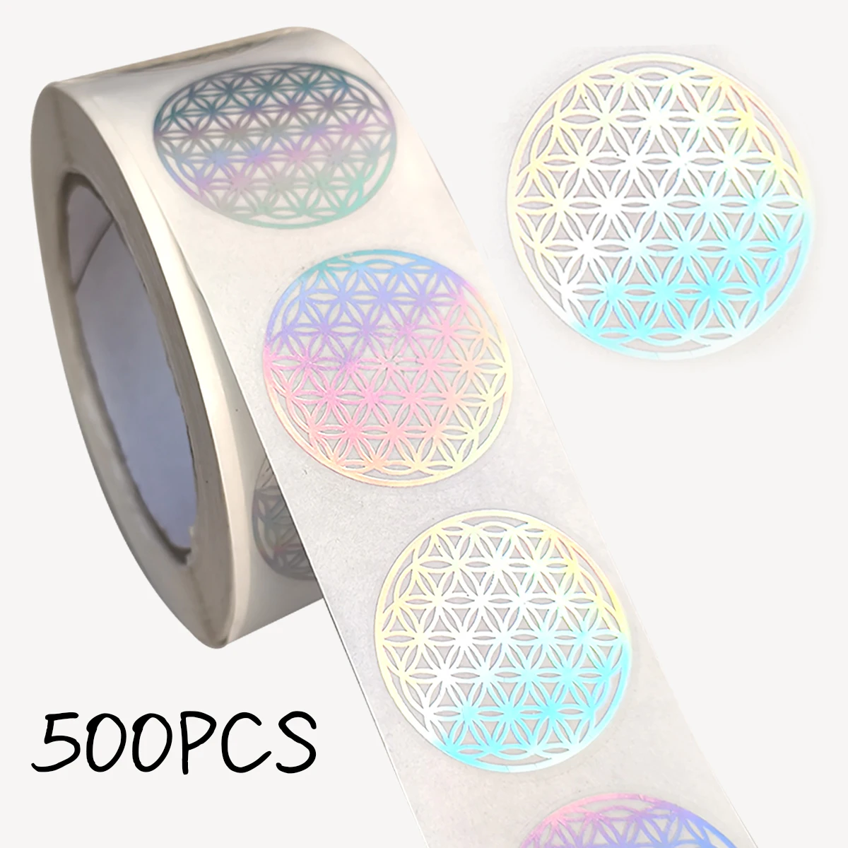 500 Stück Blumen des Lebens Aufkleberrolle, holografische runde Siegeletiketten für Verpackungen, Scrapbooking und Heimwerkerarbeiten, silbrig. Image