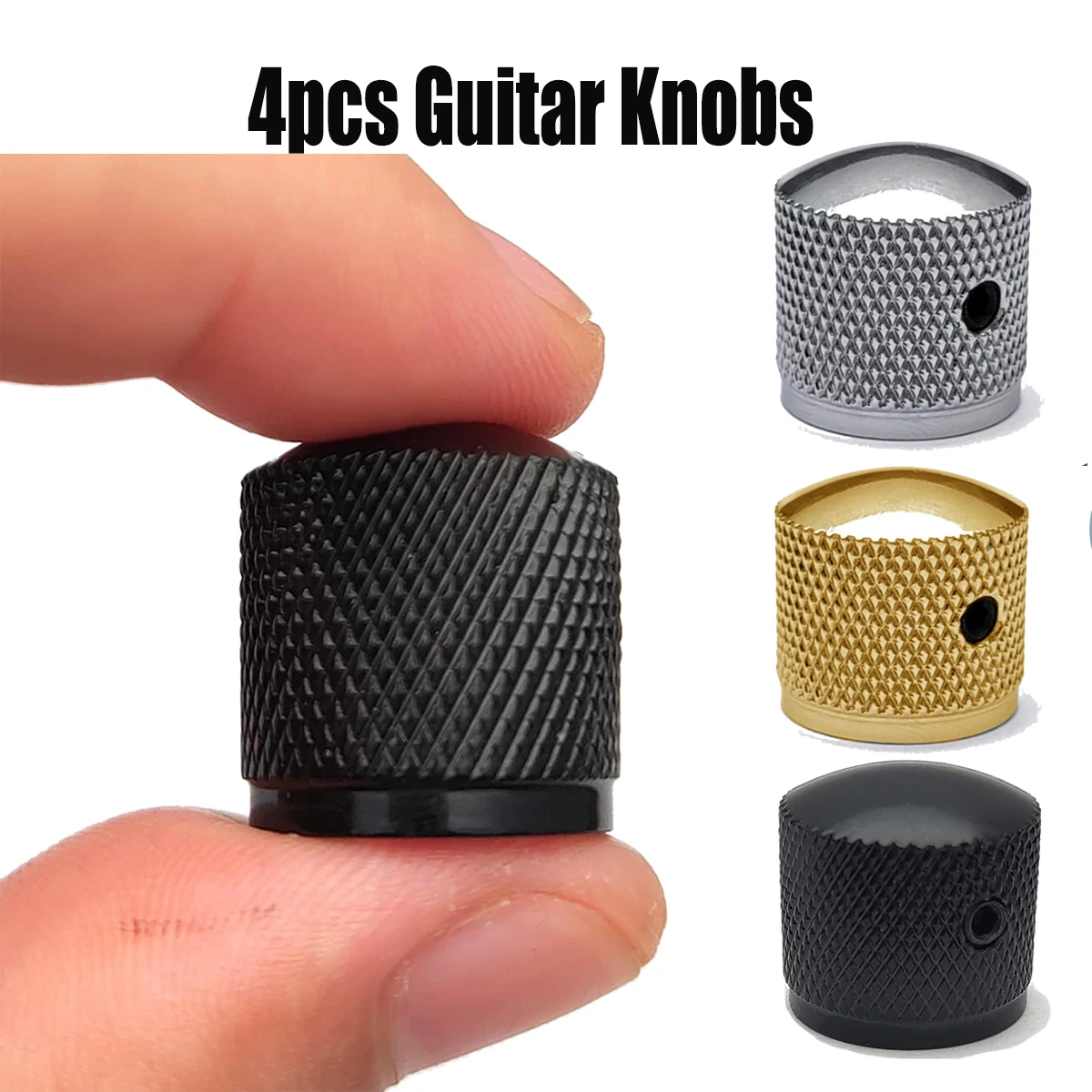 4 Stück Gitarren-Bedienknöpfe aus Metall – Chrom / Schwarz / Gold | Verriegelbares Sechskant-Design mit Schraubenschlüssel | Potentiometerkappen für Gitarre/Bass Image