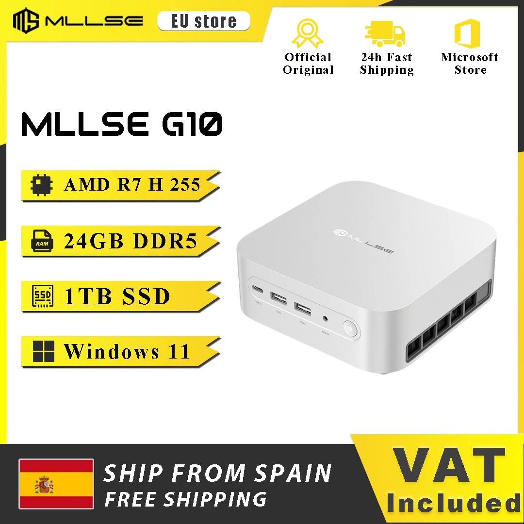 Mllse G10 Mini-PC Neuer AMD Ryzen 7 H 255 LP DDR5 24GB RAM 1TB SSD Wi-Fi 6 BT5.2 USB4.0 Windows 11 Pro Gaming Desktop Mini-Computer