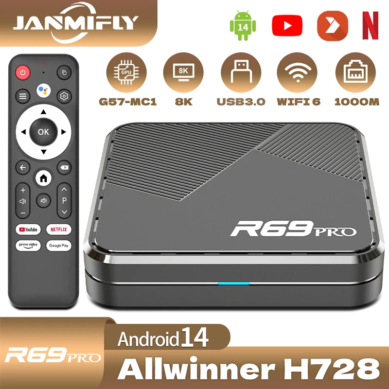 Janmifly R69 PRO Set-Top-Box Android 14 Allwinner H728 WiFi 6, unterstützt Ultra HD 8K Bluetooth 5.0 Smart-TV-Box Netflix YouTube Image