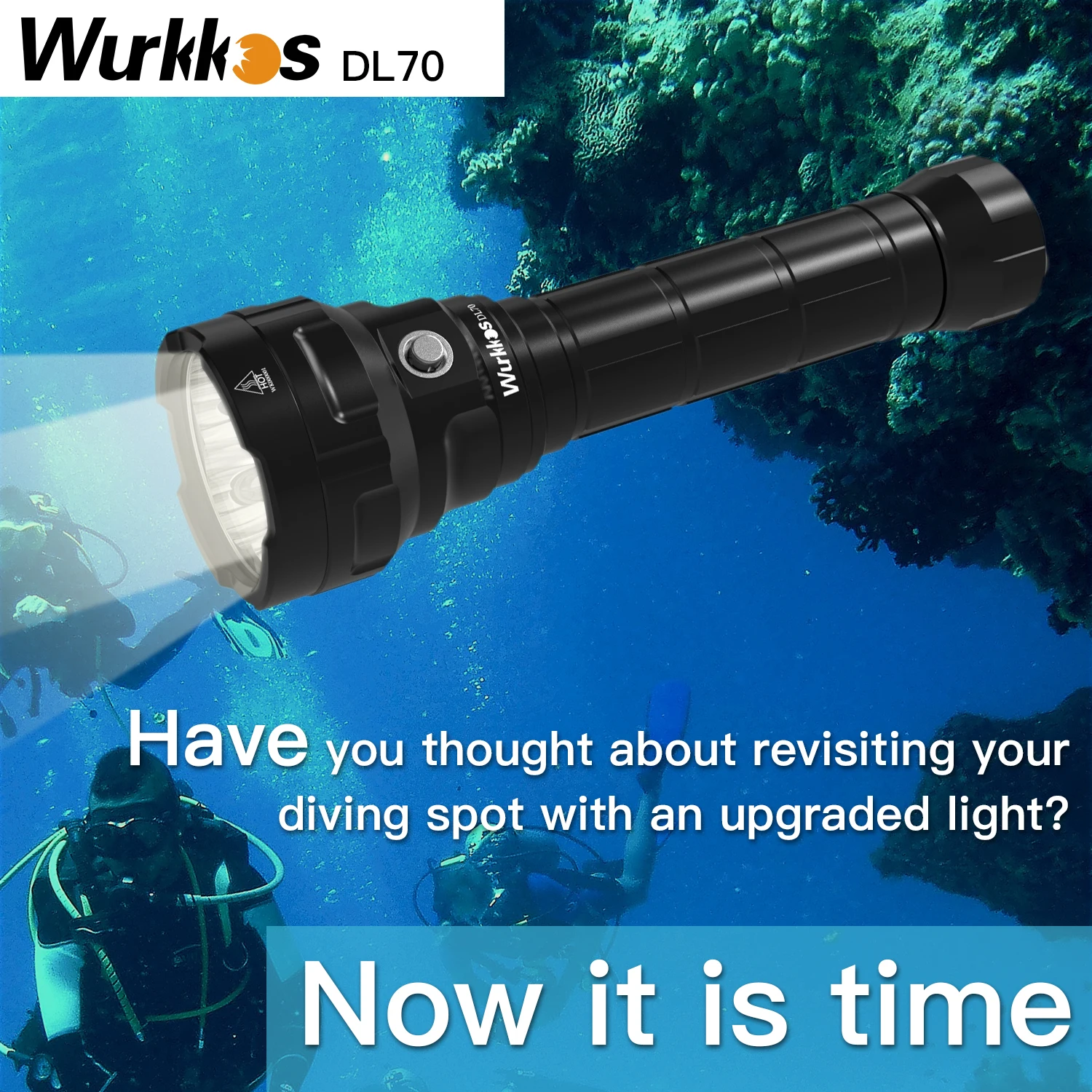 Wurkkos DL70 Scuba-Taschenlampe, 13000 lm, Hochleistungs-Suchscheinwerfer, IPX8, wasserdicht, 4 x XHP50B, LED-Lampe, 2 x 26650 Unterwasserlaterne Image