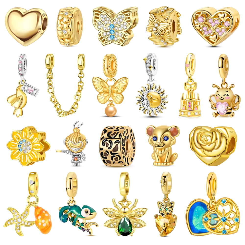 Heißer Verkauf 925er Sterlingsilber Löwenperlen & Chamäleon Baumeln Charm Fit Schlangenarmband Boutique Halskette Goldener Anhänger Geschenk Image