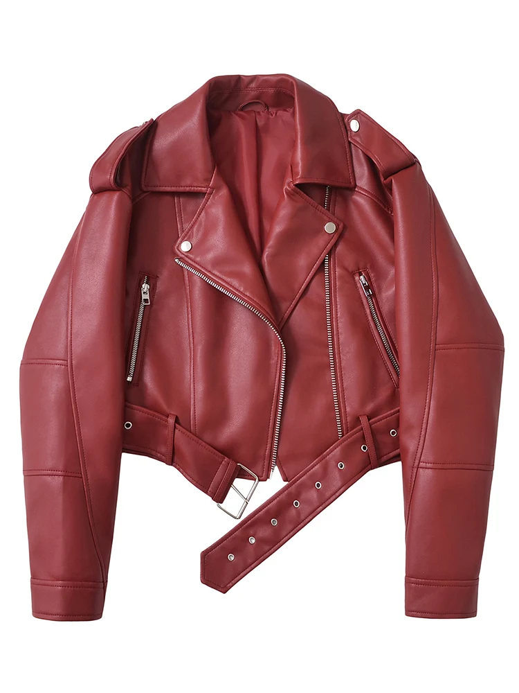 Ailegogo Neue Streetwear Frauen Lose Kurze Pu Faux Leder Jacke Moto Biker Weibliche Gürtel Zipper Mantel Outwear Image
