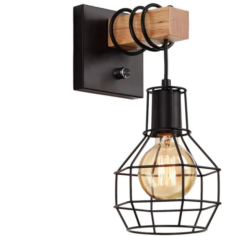 China Wandleuchte Moderne Retro Nachttischlampe Käfig Licht Schwarz Farbe mit Holzsockel Halterung Licht für Gang Innen WL0334