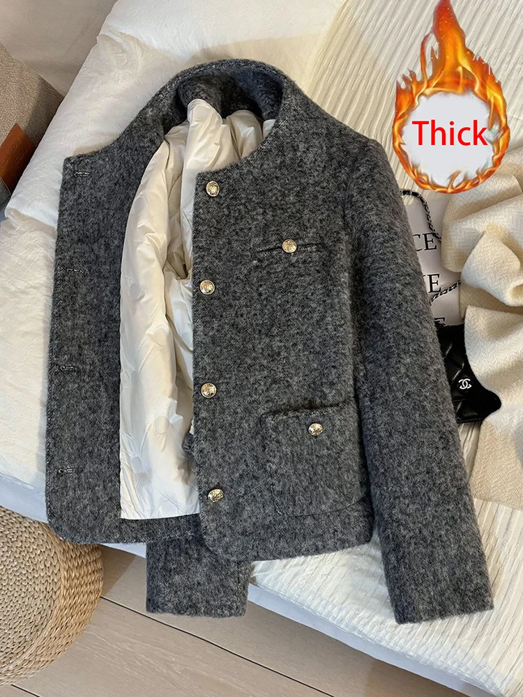 Zoki Winter Faux Woolen Grau Mantel Frauen Vintage Dicke Warme Lange Hülse Dünne Jacke Casual O Hals Weiblichen Koreanischen Elegante Retro Top