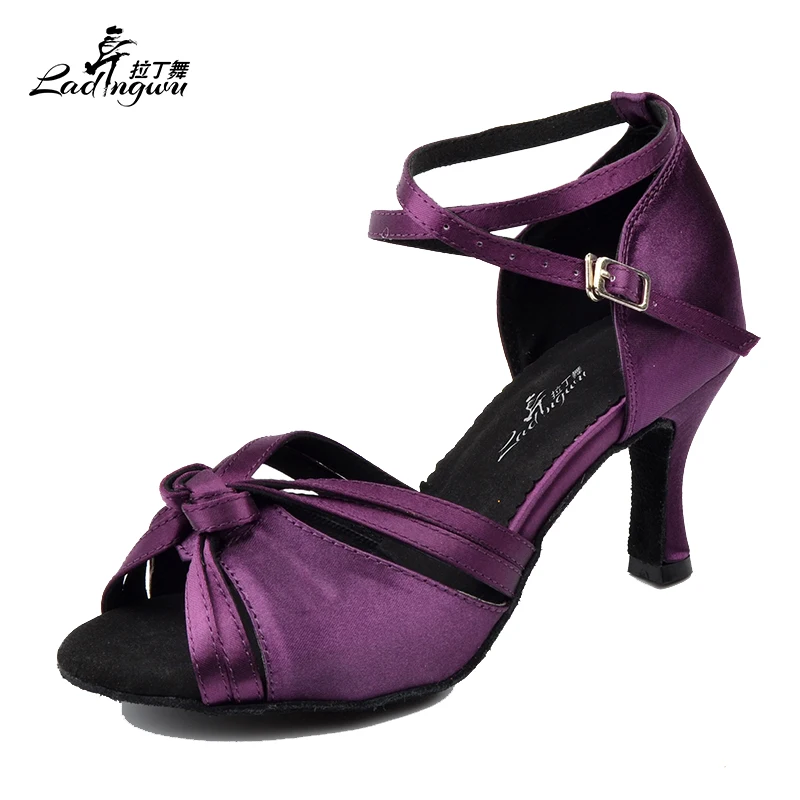 Ladingwu Lila Band Knoten Latin Frau Salsa Tanzen Schuhe Weichen Boden Ballroom Dance Schuhe Frauen Satin