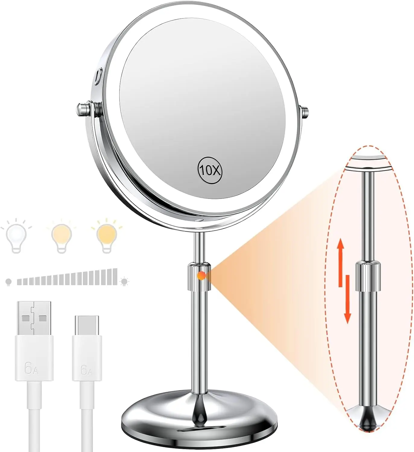 8 Zoll Schmink spiegel mit Licht lampe 10x Vergrößerung 3 Farblich ter, einstellbare Helligkeit Höhe stehender Kosmetik spiegel