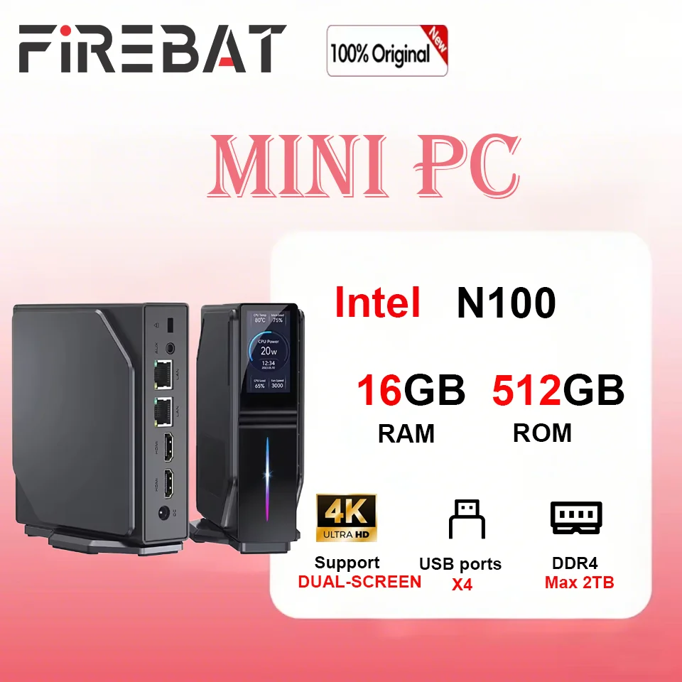 FIREBAT S1 Intel N100 Mini-PC DDR4 16GB RAM 512GB SSD Windows 11 Mini-Bildschirm BT4.2 Dual HDMI Gaming- und Arbeits-Desktop-Computer