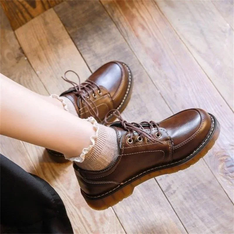 35-40 Damen Oxfords Damenschuhe Damen Leder Damen Runde Zehen Nähen Retro Bequeme Schuhe Lolita Schuh Braun