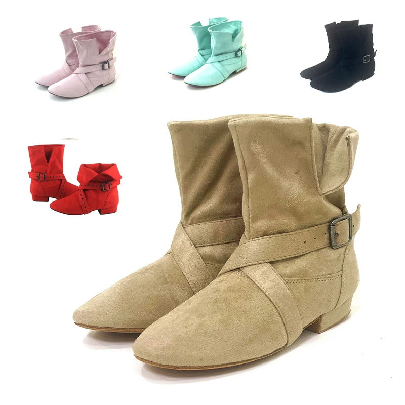 WUXIJIAO Heel 1CM/2CM/3CM/4CM Beige Turoqise Green Dance Shoes Boots Ankle Boots Soft Suede Sole Dance Boots Women Soft Sole