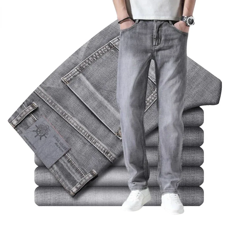 Baumwoll-Stretch-Jeans, Business-Casual, dünne Denim-Jeans für Herren, Grau, Frühling, Sommer, brandneue Passform, gerade, leicht Image