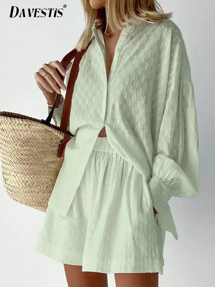 Casual Lose Frauen Kurze Zwei Stück Set Anzug Mode Bluse Langarm-shirt Dame Einfache Stil Shorts Streetwear Bluse Tops Image