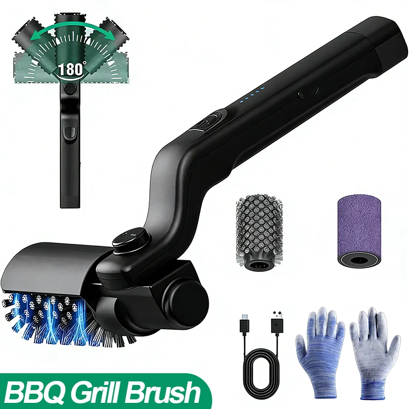 BBQ-Grillbürste, 3 Geschwindigkeitsstufen, elektrische Grillbürste, 180 ° Verstellbarer Kopf, 90 Minuten Grillreiniger für Grillplatten im Freien, Raucher Image