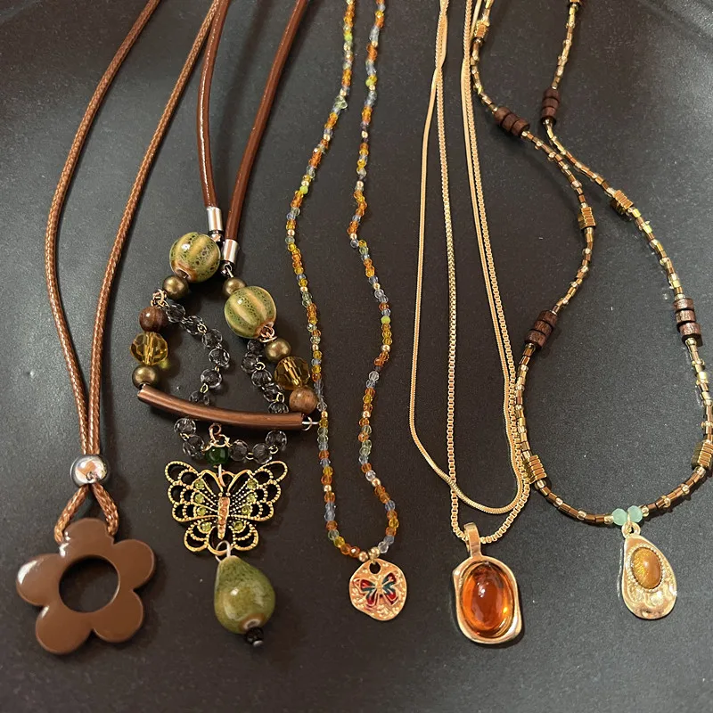 Vintage braune Naturstein-Anhänger-Halskette für Damen, modisch, geometrisch, lange Lederseil-Halskette, Pullover-Kette, Schmuck, Geschenke Image