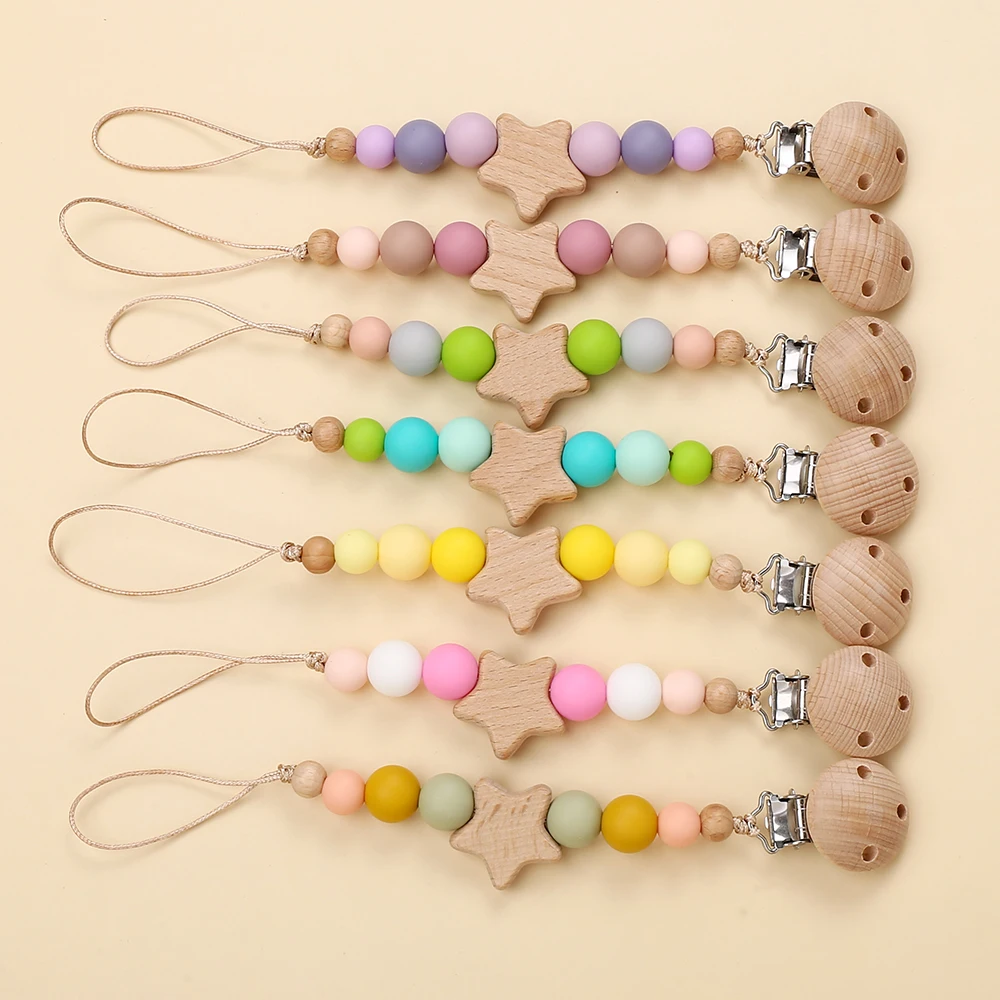 Baby Holz Pentagramm Schnuller Clip Kette Candy Farbe Nippel Kauen Kinder Schnuller Clips Schnuller Beißring Zahnen Spielzeug Halterung Image