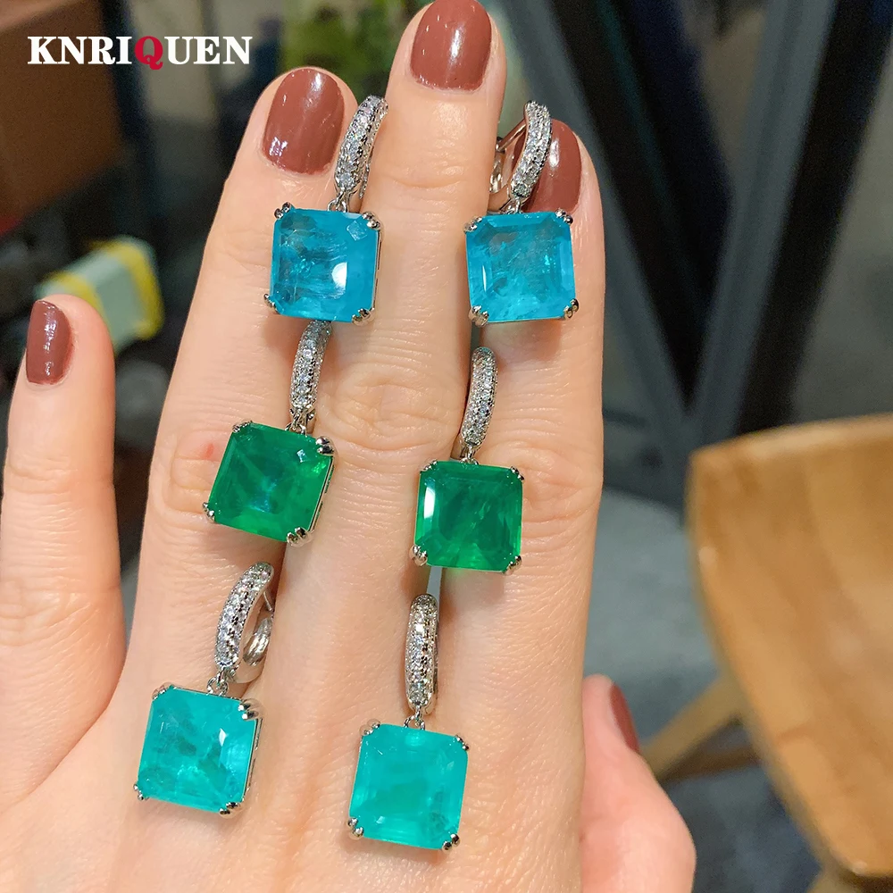 KNRIQUEN Vintage 12*12 Paraiba Turmalin Smaragd Edelstein Tropfen Clip Ohrringe für Frauen Cocktail Party Edlen Schmuck Weiblichen geschenk Image