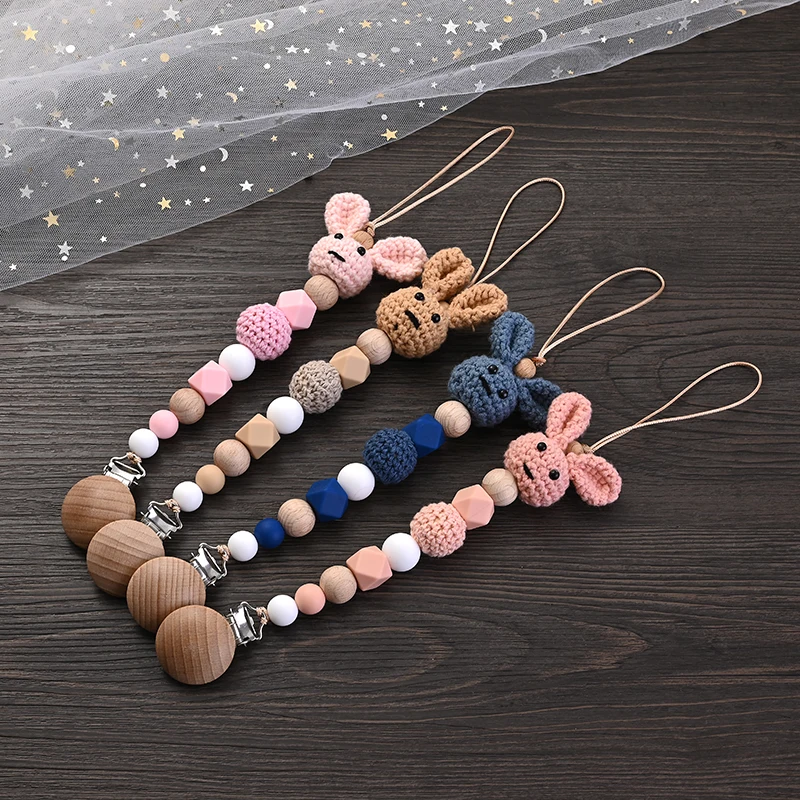 Neue Baby Holz Schnuller Clip Holz häkeln Kaninchen Zahnen Schnuller Kette für Pflege Kau spielzeug Baby Dummy Halter Kette bpa frei Image