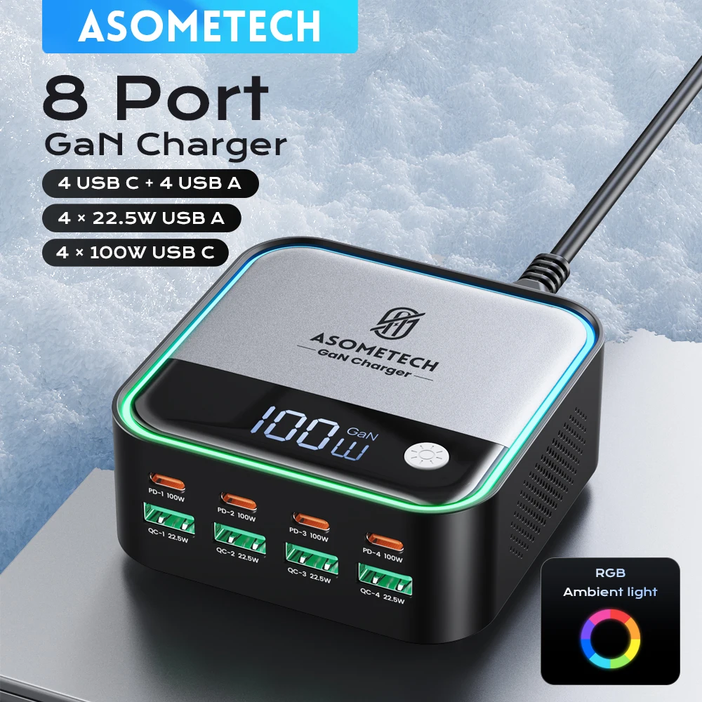 8-Port GaN USB C Schnellladegerät LED-Anzeige 4 Port Typ C PD 100 W SCP 22,5 W Ladestation für IPhone 15 Samsung Tablet MacBook Image