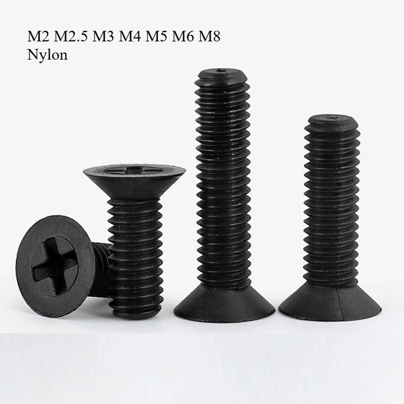 Senkkopfschraube aus schwarzem Nylon, M2, M2,5, M3, M4, M5, M6, M8, Kunststoff-Phillips-Flachkopfschrauben, Bolzen Image