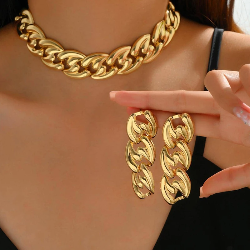 2PCS Set Große Kubanische Kette Ohrring Halskette Set Gold Farbe Chunky Kette Collares Vintage Halsband Tropfen Ohrring Schmuck Set