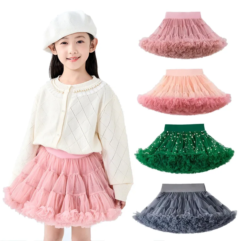 Mädchen 1-10 Jahre Spitzen-Tutu-Rock Flauschiger Chiffon-Petticoat Einfarbige Tutu-Röcke Mädchen-Tanzrock Kinder-Tüll-Petticoat Image