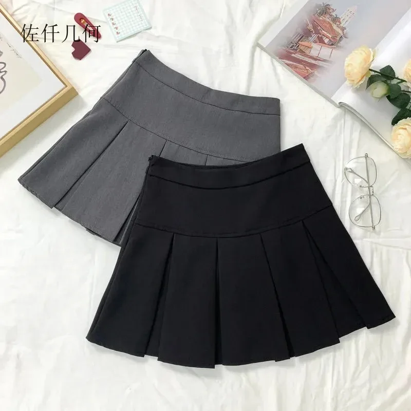 2025 neue Schwarz und Grau Falten Rock Frauen Hohe Taille Mini Vintage Solide Röcke Koreanische Mode Schuluniform Streetwear