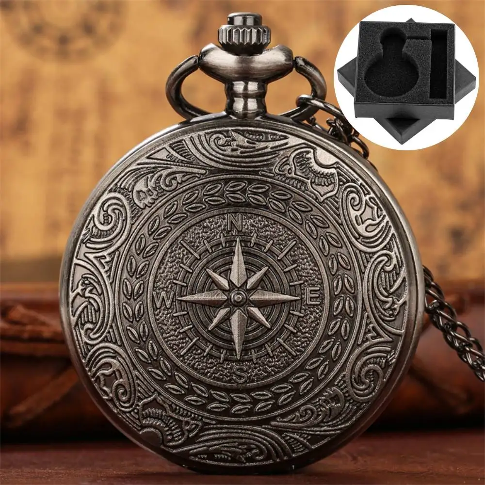 Punk Retro Kompass Muster Quarz Taschenuhr römische Ziffern Zifferblatt grau schwarz/Bronze/Silber Halskette Anhänger Uhr Geschenk Unisex