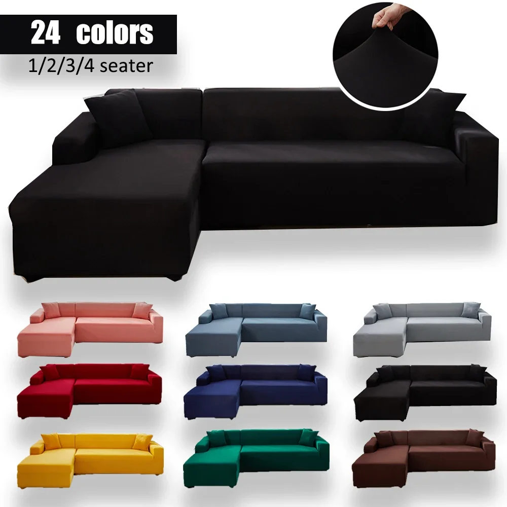 Schwarzer Einfarbiger Elastischer Ecksofa-Bezug für Wohnzimmer 2 3 4 Sitzer Chaiselongue Sofa Dekorativer L-förmiger Schutzbezug Image