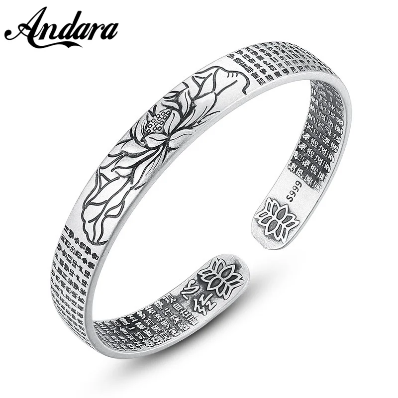 Vintage Silber Sterling Silber Armband großes Mitgefühl Mantra Lotus Herz Sutra Sutra Glück Armband Männer Frauen Schmuck