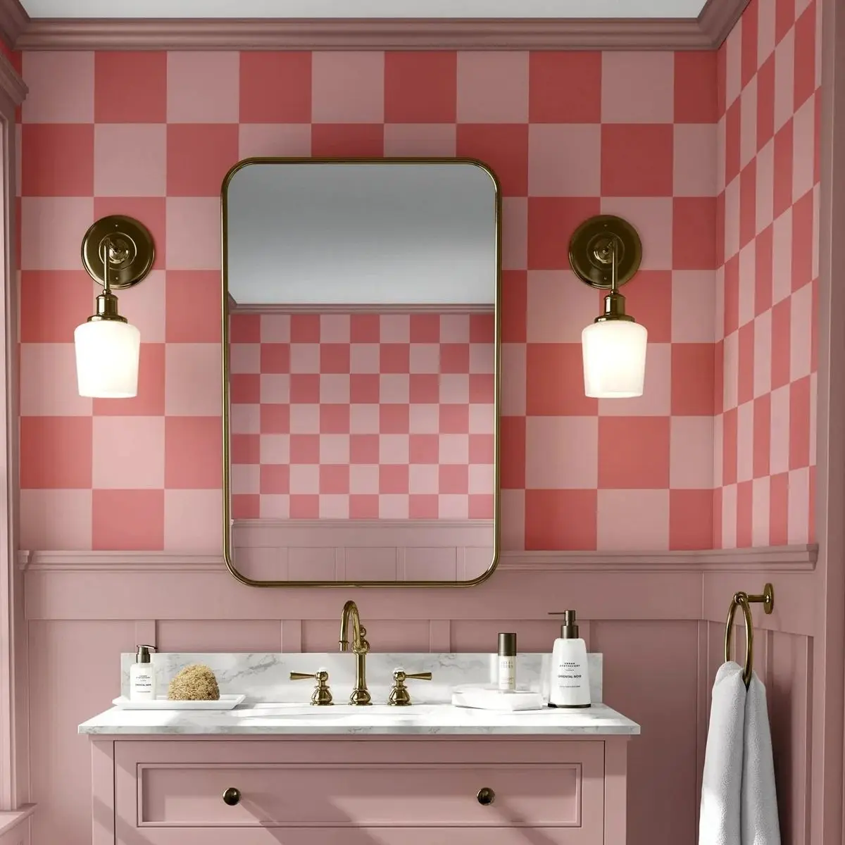 Rosa moderne übergroße karierte Tapete, selbstklebende Wandmalerei für Badezimmer, rosa und korallenrote Innenwandverkleidung, 50*300