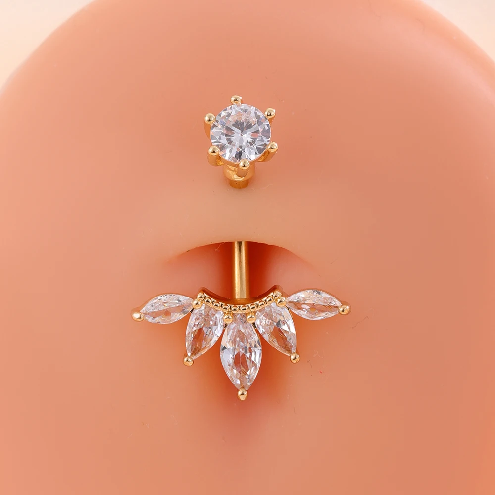 14g gebogen 5 Zirkone Bauchnabel Piercing Edelstahl Blumen Piercings Zubehör Kristall Czs Körper Nabel Ringe für Frauen Image
