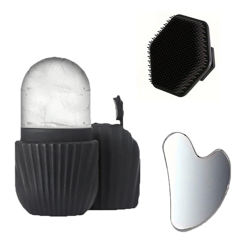 3-teiliges Gesichtsreinigungswerkzeug-Set, herzförmiges Schabegerät aus Edelstahl, Eiscoller, Silikon-Gesichtsbürste Image