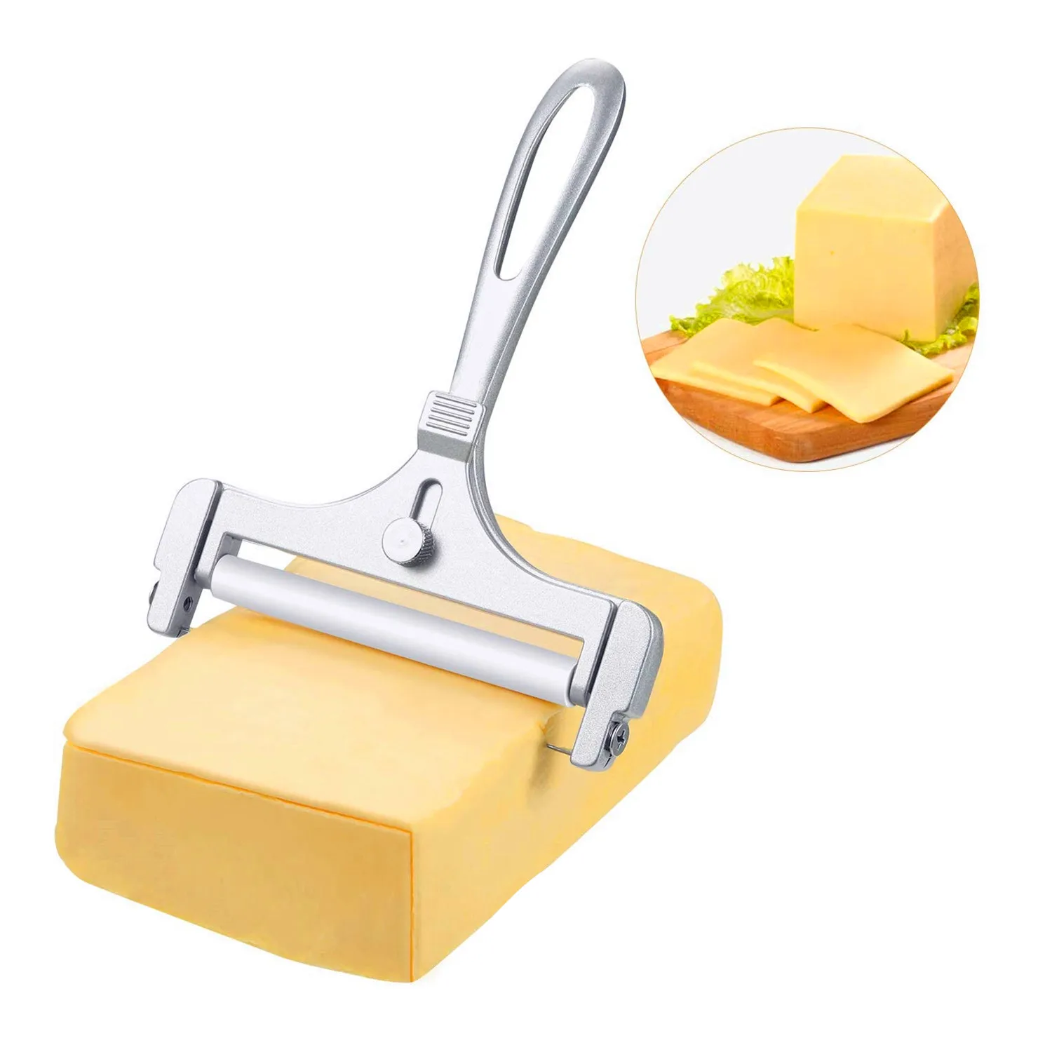 Käsehobel aus Aluminiumlegierung mit Draht, einstellbarer Dicke, Käsebutterschneider für weiche und halbharte Käsesorten, Küchenhelfer Image