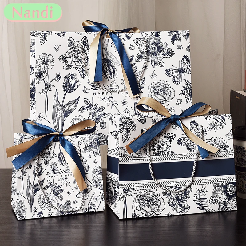 Neue Geschenktüten zum Muttertag, Geschenkverpackungsbeutel, florale Papiertüten, Tragetaschen, Geburtstags-Papiertüten, hochwertige Geschenktüten mit Band Image