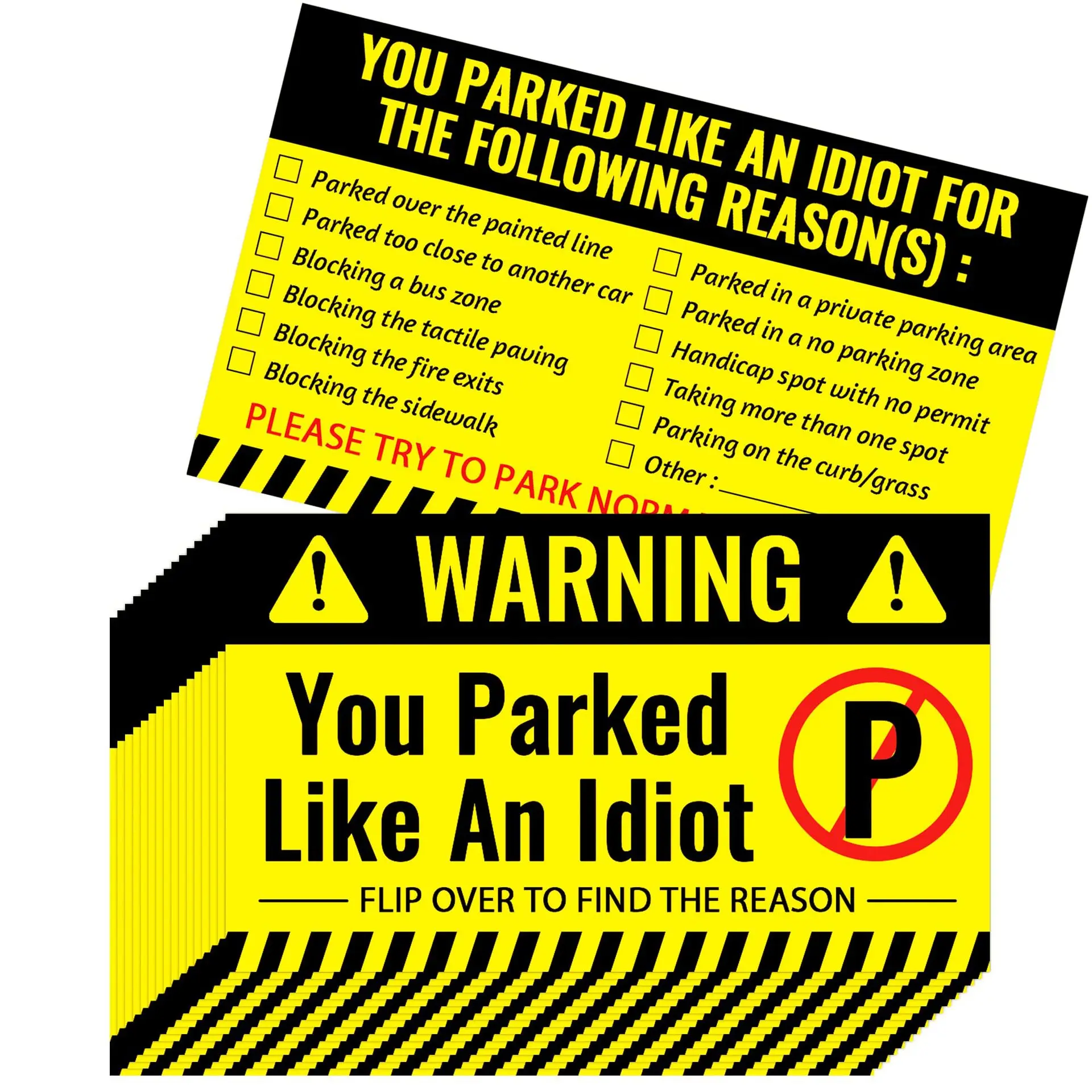 50 lustige, schlechte Parkkarten „You Parked Like An Idiot“, lustige Parking Violation-Karten aus Pappe mit mehreren Verletzungsgründen Image