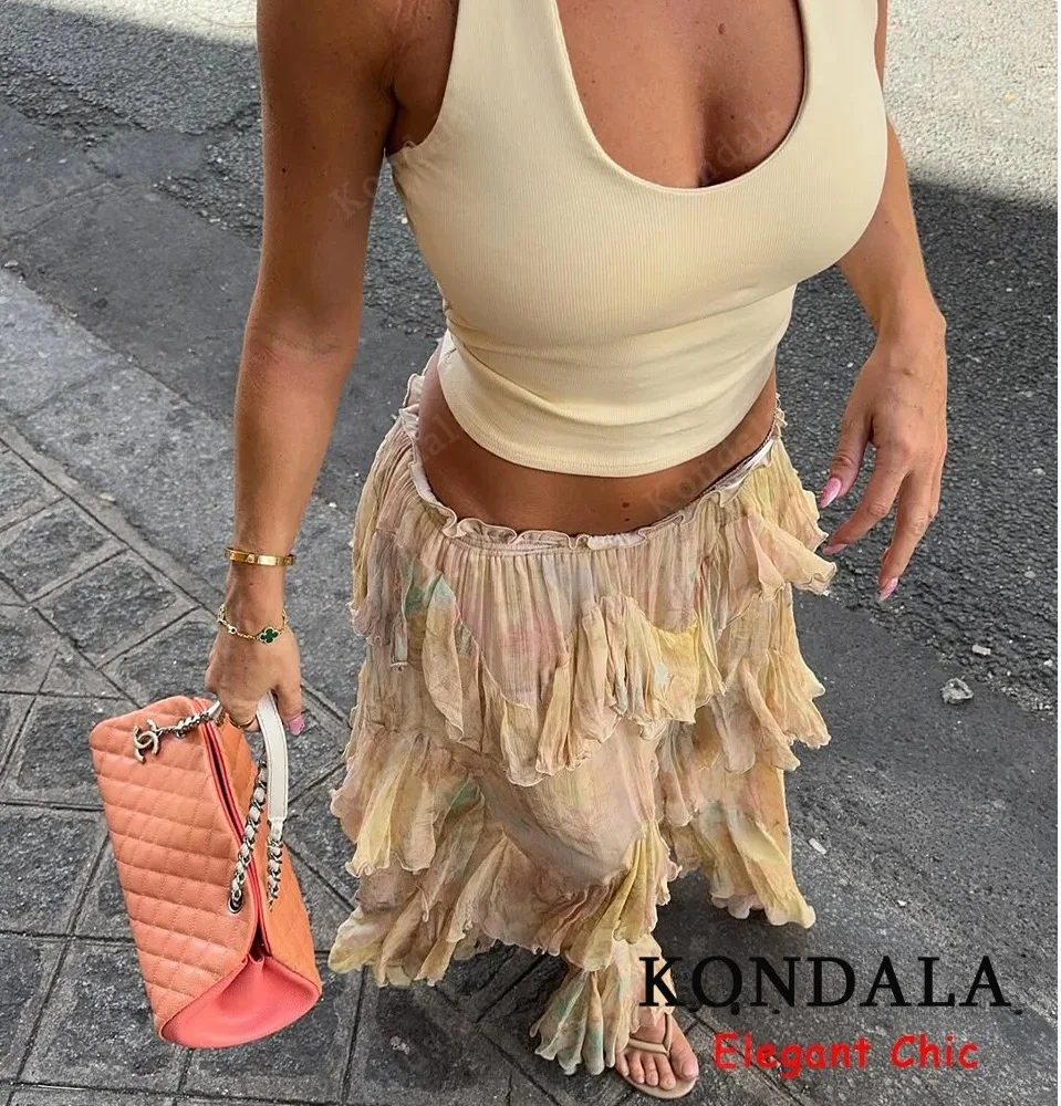 KONDALA Eleganter Hippie-Rock für Damen, Farbverlaufsdruck, abgestufte, gerüschte lange Röcke, 2022, Sommerurlaub, High Street, Boho-Damenröcke