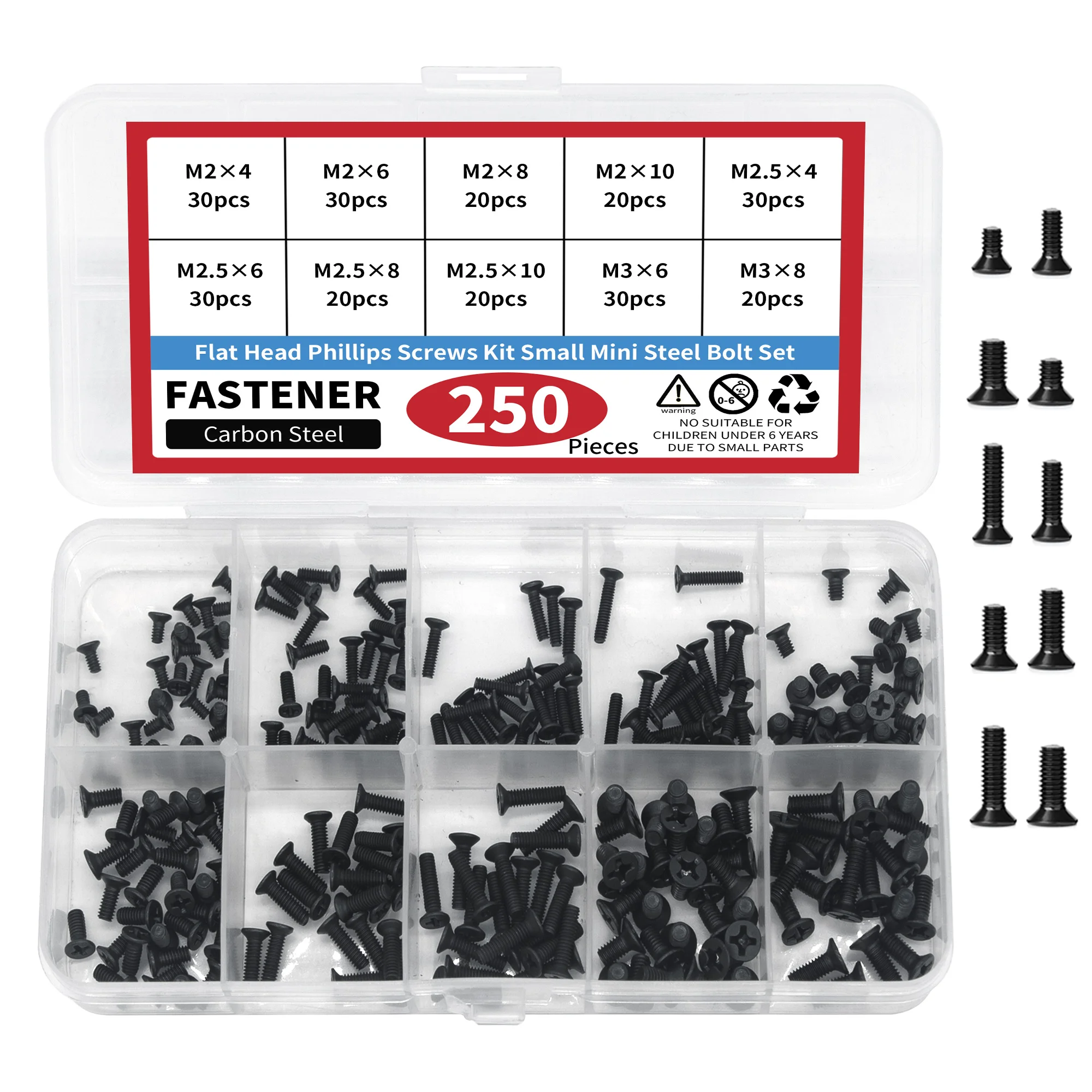 250-teiliges Kreuzschlitzschrauben-Set mit flachem Kopf, kleines Mini-Stahlschrauben-Set, m2, m2,5 m3, für Reparatur, Computer, elektronisches Laptop-Schrauben-Set Image