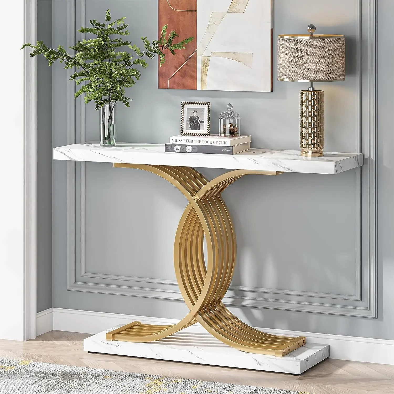 Tribesigns Goldfarbener Eingangstisch, modernes 39-Zoll-Konsolensofa aus Kunstmarmor und schmalem Holz mit geometrischen Metallbeinen Image