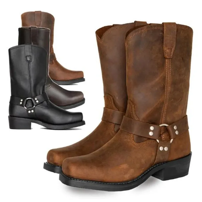 Luxus Retro Cowboy Stiefel Männer Mittlere Waden Western Boot Männer Pu Leder Mann Slip Auf Schuhe Winter Ritter Stiefel Booties Plus Größe 48