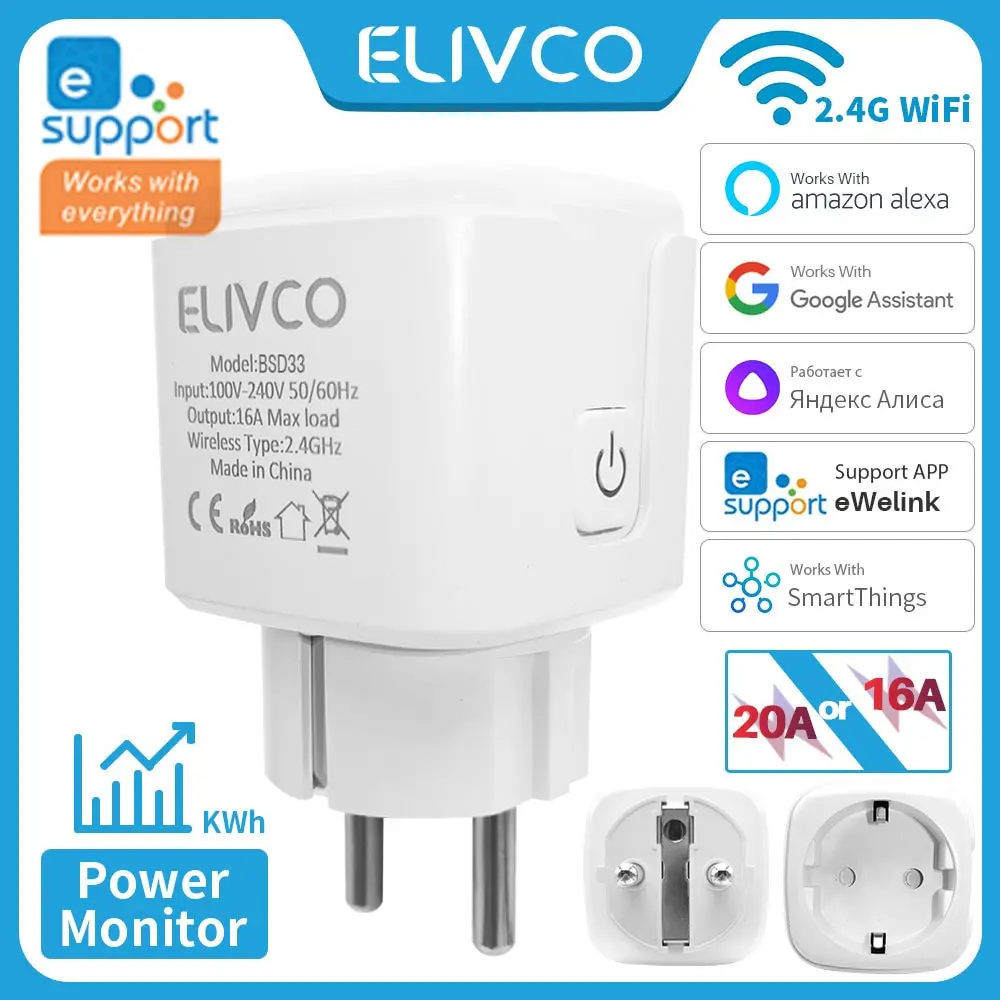 EWelink 16A/20A Smart Plug WiFi EU Steckdose mit Power Monitor Timing Funktion Unterstützung Alexa Google Home Alice SmartThimgs IFTTT Image
