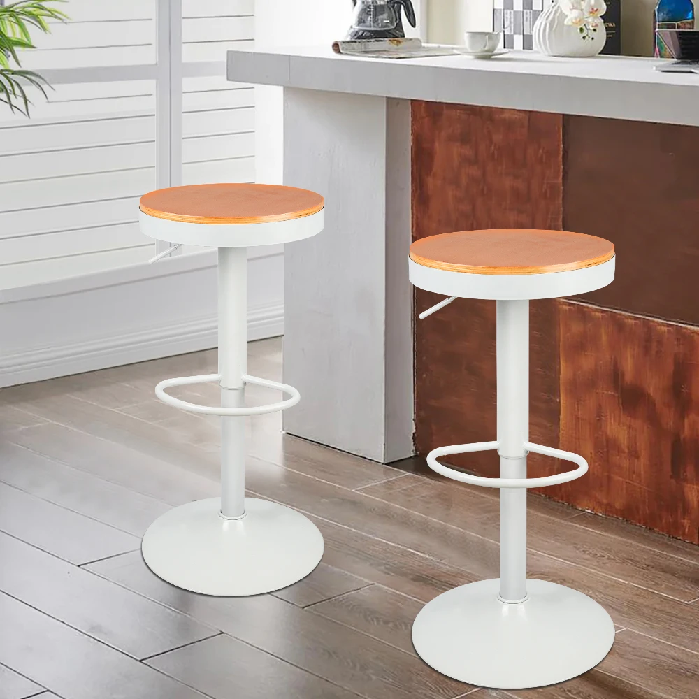 Set mit 2 Barhocker, höhenverstellbare Hocker für Küchenarbeitsplatten, aus massivem Holz und Metall, im Vintage-Industrie-Modern-Stil, schwarz/weiß.