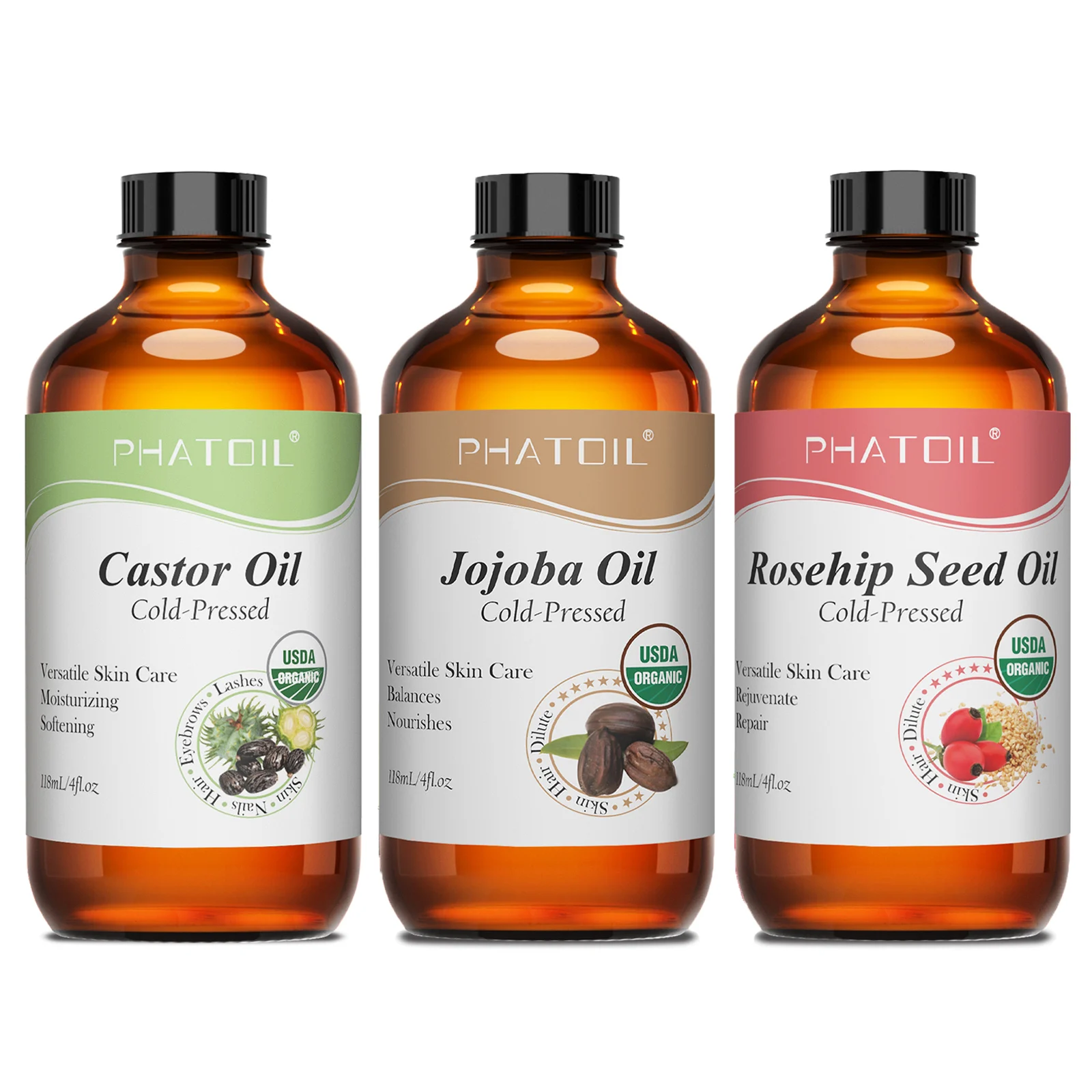 PHATOIL 100% Bio 236ml Rizinusöl 118ml Jojoba-Hagebuttenöl Sonnenblumenöl Image