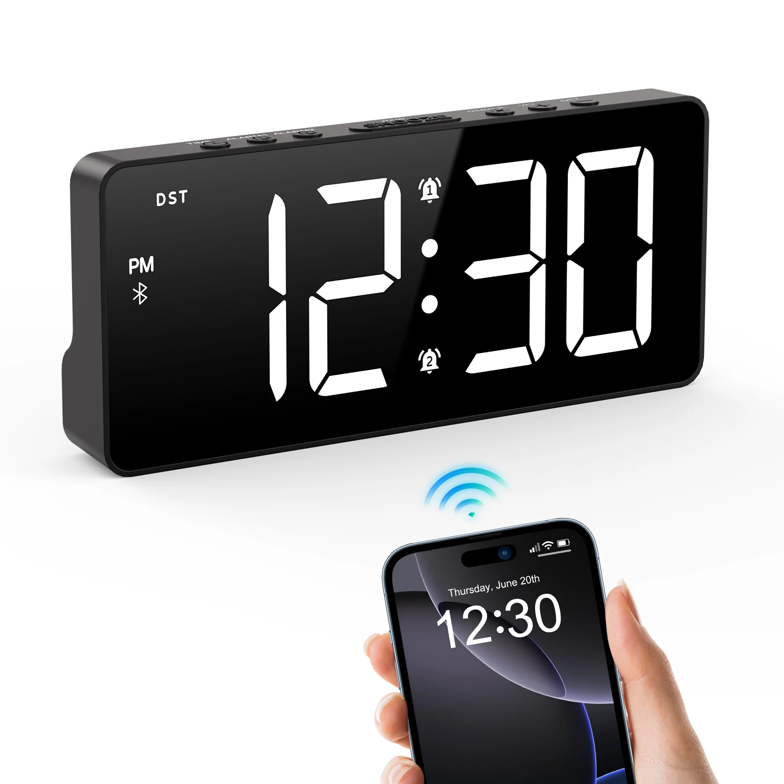 ORIA 7'' LED-Wecker mit Bluetooth-Synchronisierungszeit, digitaler Wecker mit Dual-Alarm und 5 Helligkeitsstufen für den Einsatz im Home-Office Image
